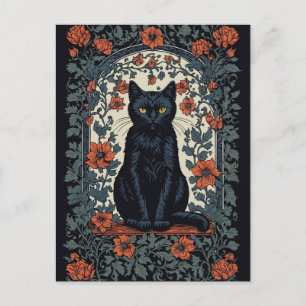 Carte Postale Chat noir Vintage Floral