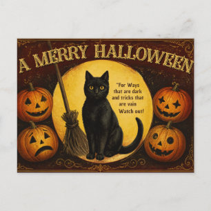 Carte Postale Chat noir vintage Halloween, quatre citrouilles Ja
