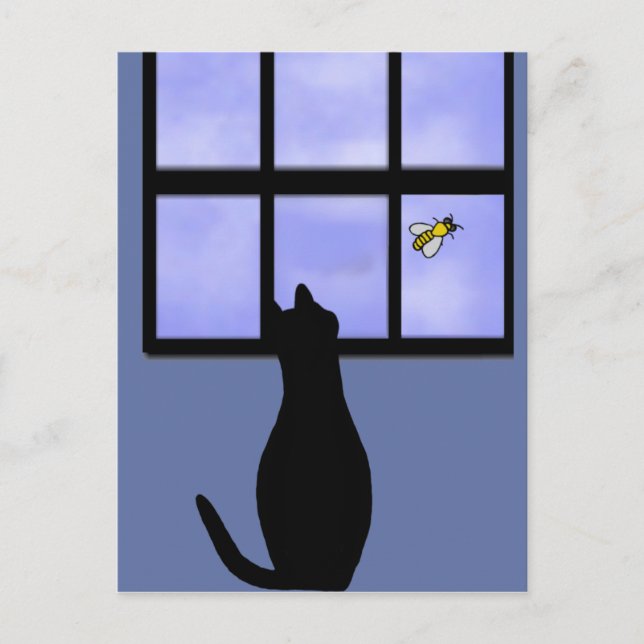 Carte Postale Chat observant la bourde abeille (Devant)