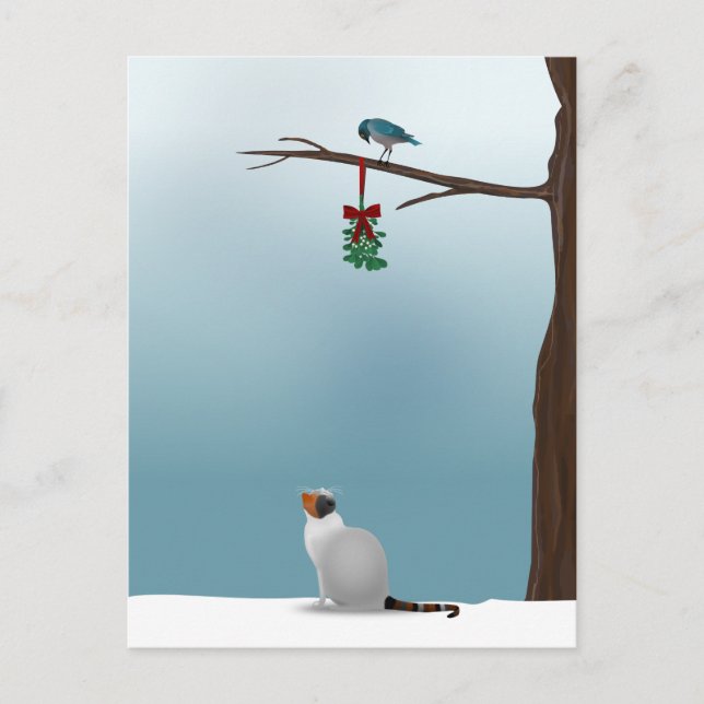 Carte Postale Chat, oiseau et gui (Devant)