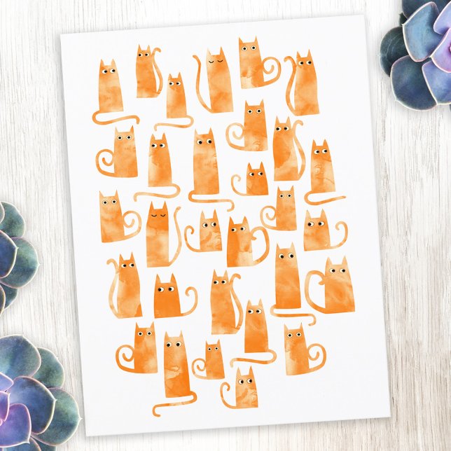 Carte Postale Chat orange amusant (Orange ginger cat fun watercolor art postcard)