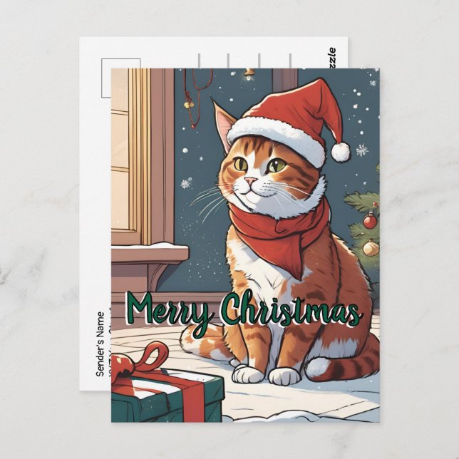 Carte Postale Chat orange avec animal mignon casquette de Noël (Devant / Derrière)