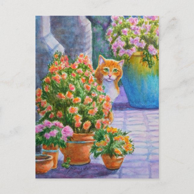 Carte Postale Chat orange avec des pots de fleur (Devant)