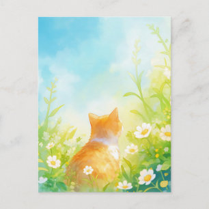 Carte Postale Chat orange dans une prairie de marguerites ensole