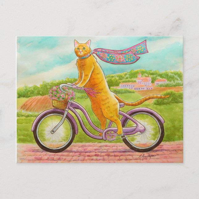 Carte Postale Chat orange sur un vélo violet (Devant)