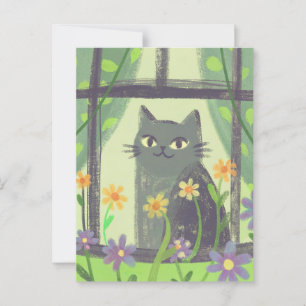 Carte Postale Chat pastel et fleurs d'art populaire moderne