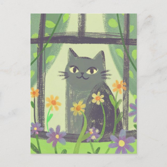 Carte Postale Chat pastel et fleurs d'art populaire moderne (Devant)