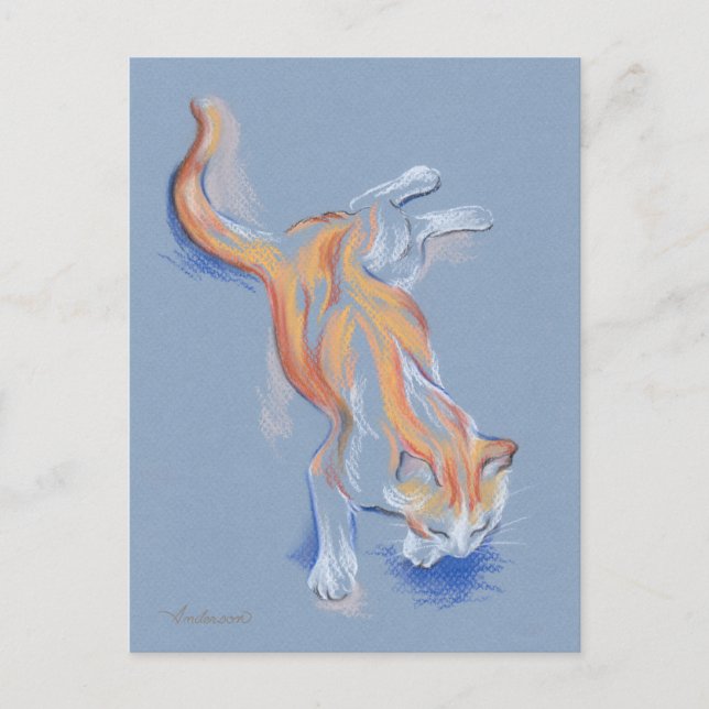 Carte Postale Chat Pastel Orange et Tabby blanc sur Bleu (Devant)
