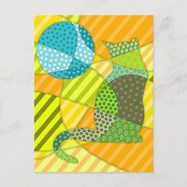 Carte Postale Chat patchwork abstrait coloré (Devant)