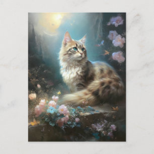Carte Postale Chat Paysage Fleurs Imaginaire Art