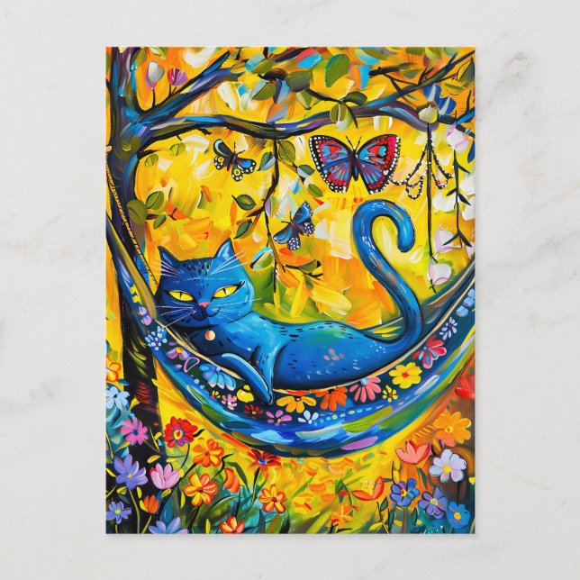 Carte Postale Chat peint dans Hammock Under Tree avec papillon (Devant)