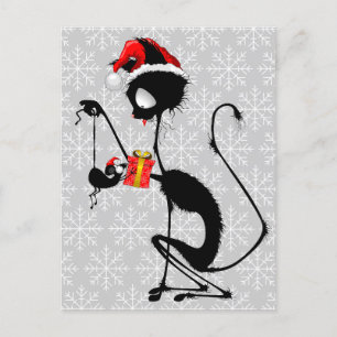 Carte Postale Chat Père Noël et souris avec cadeau de Noël