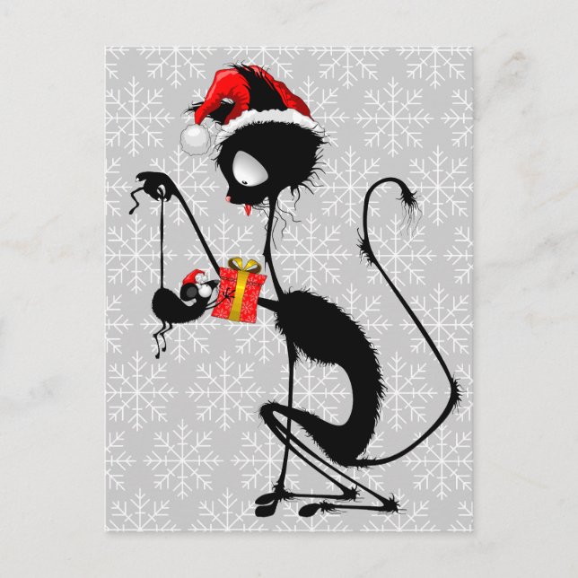 Carte Postale Chat Père Noël et souris avec cadeau de Noël (Devant)