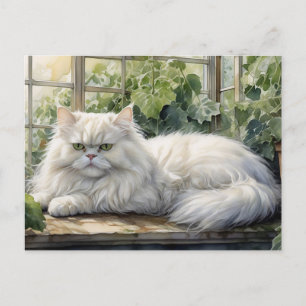 Carte Postale Chat perse blanc bouffant dans un jardin