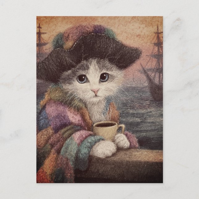 Carte Postale Chat Pirate Avec un Café (Devant)