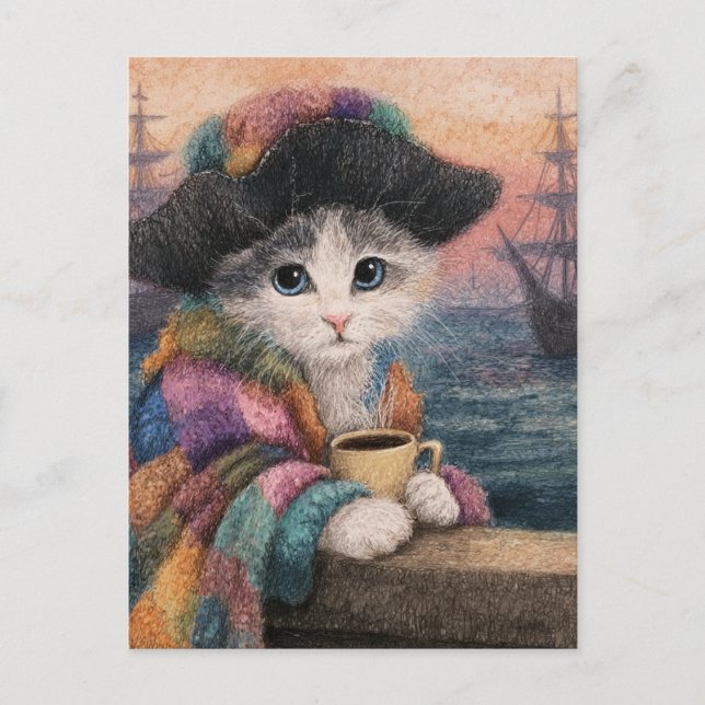 Carte Postale Chat Pirate Avec un Café (Devant)