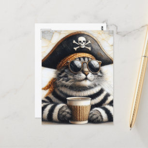 Carte Postale Chat pirate en pull fuzzé avec un café
