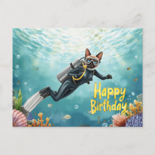 Carte Postale Chat Plongeur Bon Anniversaire sous la mer