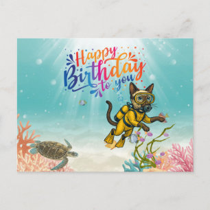 Carte Postale Chat Plongeur Bon Anniversaire sous la mer