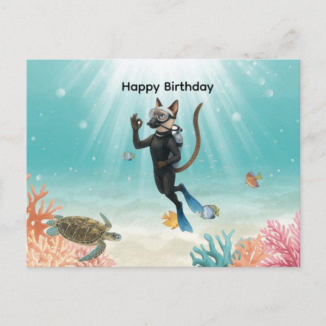 Carte Postale Chat Plongeur Joyeux Anniversaire sous la mer (Devant)