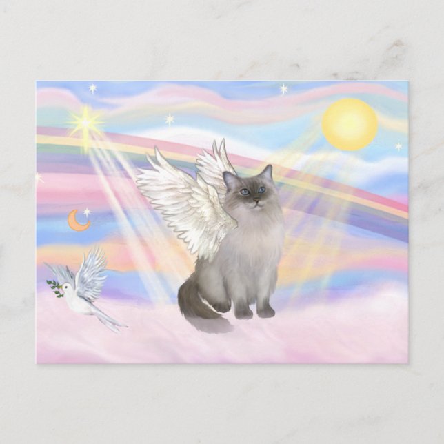 Carte Postale Chat Ragdoll (Blue Point) Ange - Nuages (Devant)