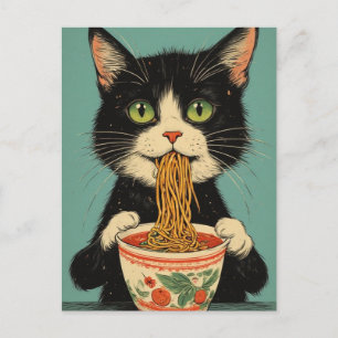 CARTE POSTALE CHAT RAMEN NOUILLES
