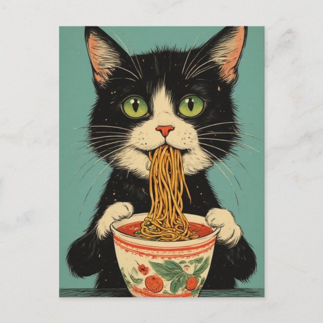 CARTE POSTALE CHAT RAMEN NOUILLES (Devant)