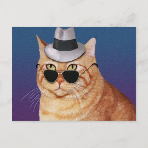 Carte Postale Chat rayé jaune avec lunettes de soleil et Casquet