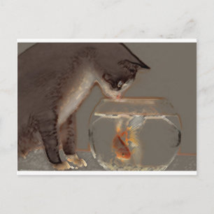 Carte Postale Chat regardant Goldfish Bowl