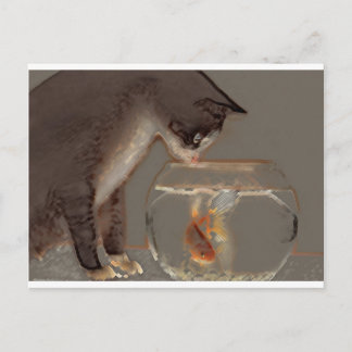 Carte Postale Chat regardant Goldfish Bowl