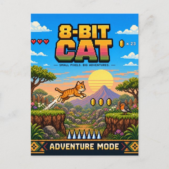 Carte Postale Chat, Rétro Pixel Art 8-Bit (Devant)