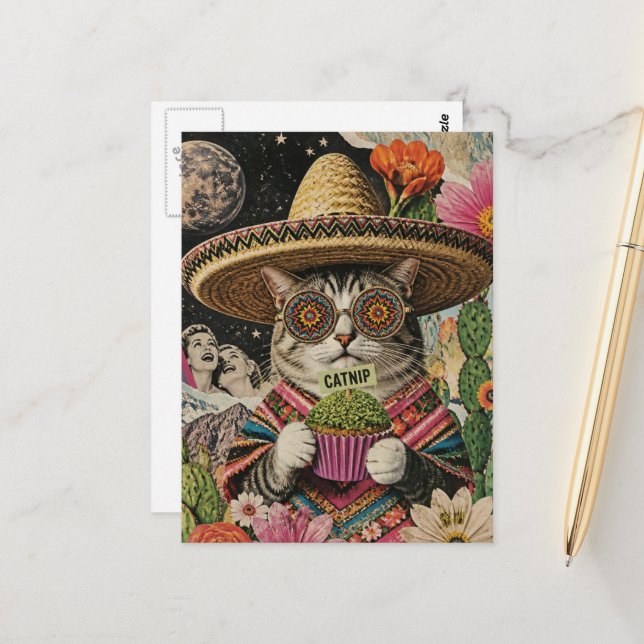Carte Postale Chat Ridicule Avec Collage De Cupcake À La Catnip (Devant/Arrière en situation)