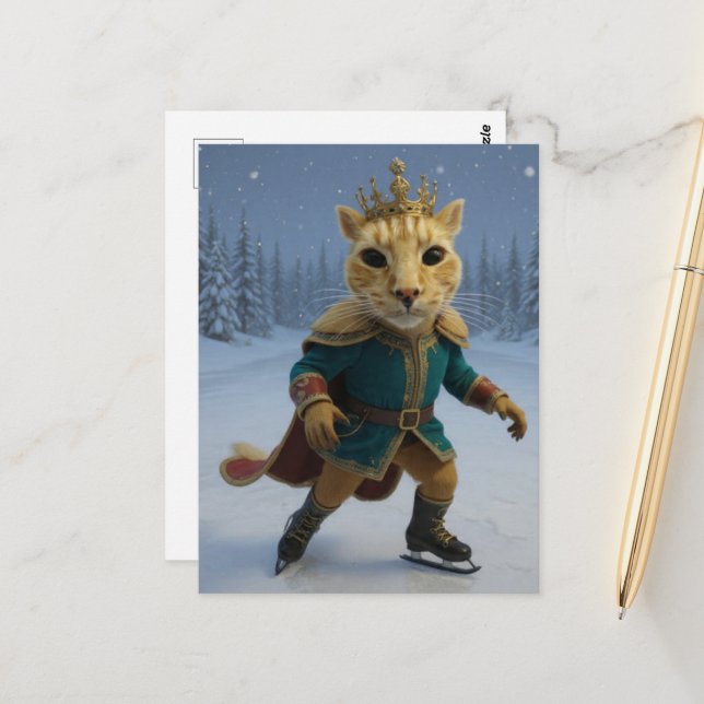 Carte Postale Chat roi drôle de patinage sur glace (Devant/Arrière en situation)