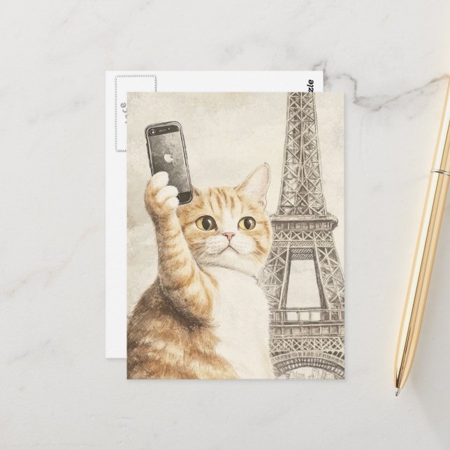 Carte Postale Chat roux adorable prenant un selfie à Paris (Devant/Arrière en situation)