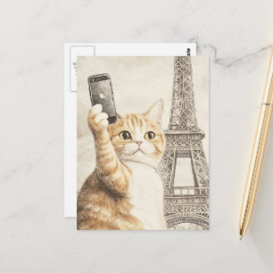Carte Postale Chat roux adorable prenant un selfie à Paris