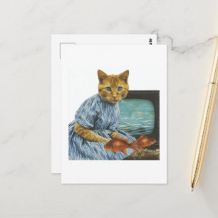 Carte Postale Chat roux avec poisson rouge et TV Collage Rétro