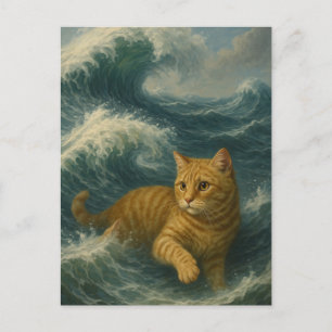 Carte Postale Chat roux courageux chevauchant les vagues de l'oc