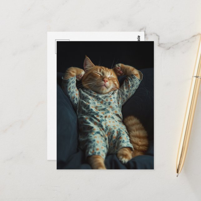 Carte Postale Chat roux endormi drôle en pyjama (Devant/Arrière en situation)