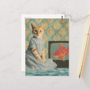 Carte Postale Chat roux mignon rétro avec collage rétro de poiss