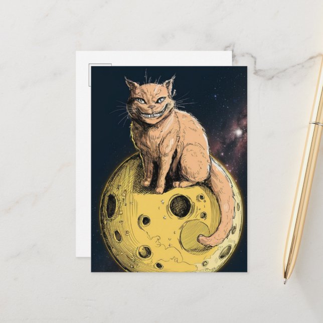 Carte Postale Chat roux sourit sur la lune (Devant/Arrière en situation)