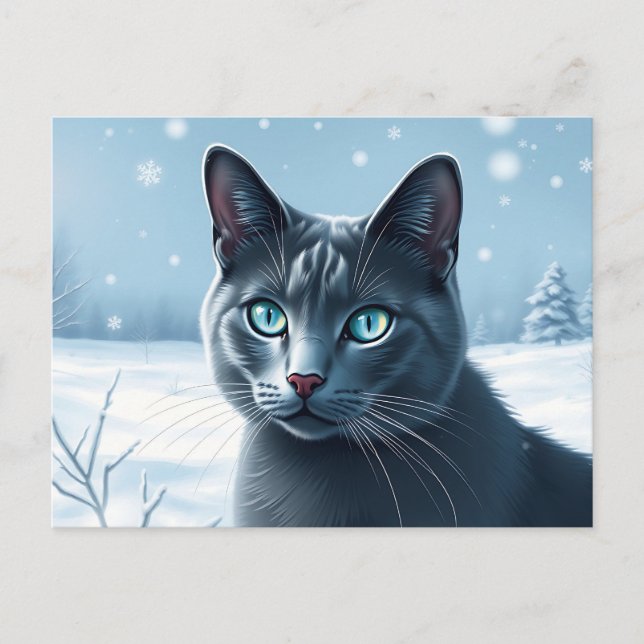 Carte Postale Chat Russe Bleu Serein dans un Hiver enneigé Tranq (Devant)