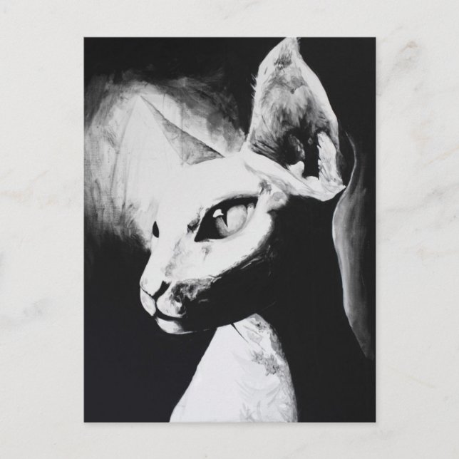 Carte Postale Chat sans cheveux Sphynx Art original noir & blanc (Devant)