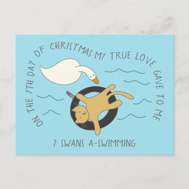 Carte Postale Chat Septième Jour 7 Cygnes-A-Nage Noël (Devant)