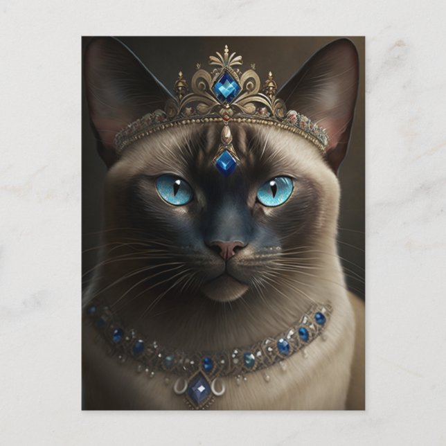 Carte Postale Chat Siamois avec Couronne Bijoux et Collier (Devant)