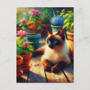 Carte Postale Chat siamois dans la peinture à l'huile du jardin