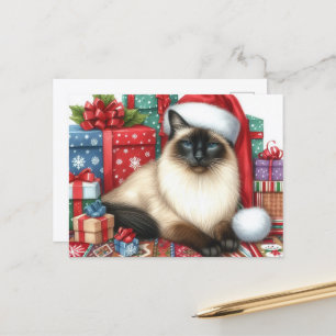 Carte Postale Chat siamois de Noël Santa 
