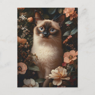 Carte Postale Chat Siamois Entouré De Fleurs Roses Bruyantes