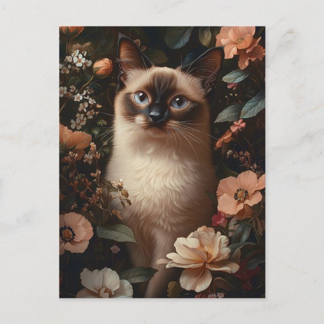 Carte Postale Chat Siamois Entouré De Fleurs Roses Bruyantes (Devant)