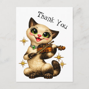 Carte Postale Chat siamois heureux jouant du violon Rétro Merci