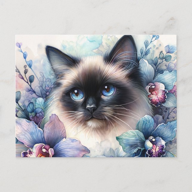 Carte Postale Chat siamois parmi les orchidées (Devant)
